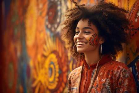 A smiling street artist stands near a wall with her paintings and looks at the camera. Street art conceptの素材
