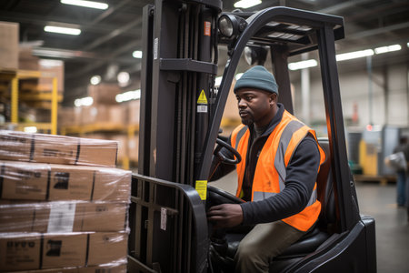 An African American man works on a forklift in a warehouse.の素材