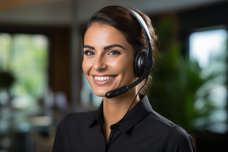 Portrait of a call center agent with a headset working on a support hotline in a modern office.の素材