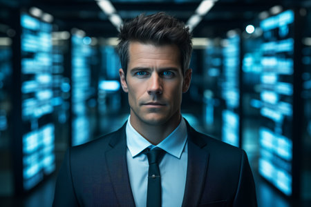 Portrait of an IT specialist manager on a digital background.の素材