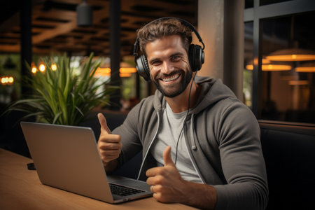 Joyful man celebrating success, reading good news by email, happy and overjoyed businessman sitting at his desk.の素材
