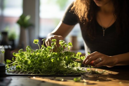 Microgreens growing in home kitchen, woman hand cutting leaves for food. Healthy salad.の素材
