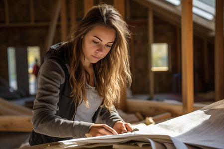 Young female engineer with drawings and plans at a construction site.の素材