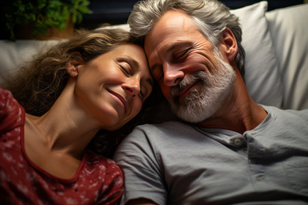 Happy mature couple relaxing on the sofa at home.の素材