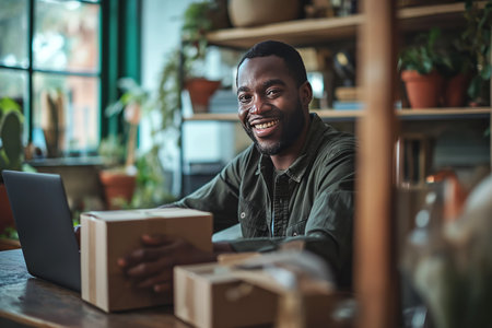 A smiling African American man unpacks a package.の素材