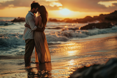 A couple in love hugs each other while standing on the shore by the sea at sunset.の素材
