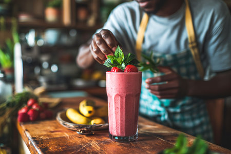 An African American man garnishes a banana-strawberry smoothie with mint leaves. Close-up.の素材