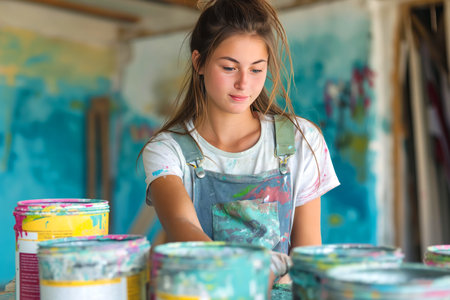 A teenage girl is making renovations in her room at home, mixing paints.の素材