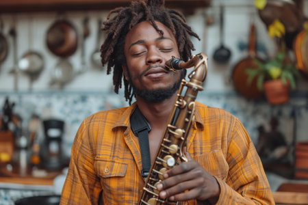 An African-American musician plays the saxophone in the kitchen of a house.の素材