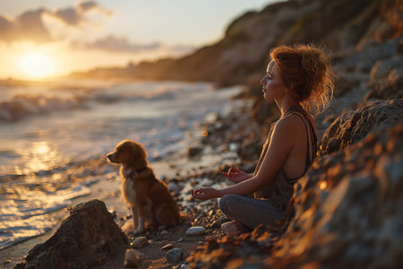 Redhead woman meditating by dog at beach.の素材