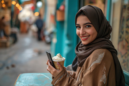 Smiling woman in hijab with a mobile phone and ice cream in her hands.の素材