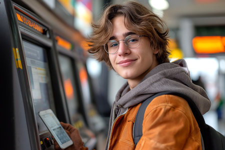 Smiling young man with smart phone standing by atm.の素材