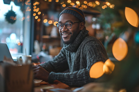 A smiling African American man unpacks a package.の素材