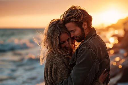 A couple in love hugs each other while standing on the shore by the sea at sunset.の素材