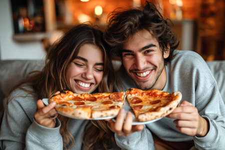 Happy couple in a cafe eating pizza.の素材
