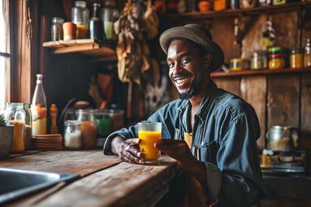 African American man drinks freshly prepared smoothie in the kitchen. Close-up.の素材