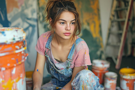 Portrait of a teenage girl doing repairs, painting a room.の素材
