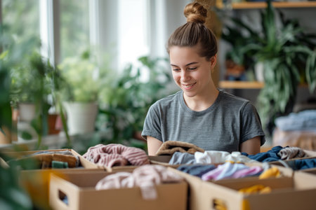 Young woman unpacking cardboard boxes with cloth.の素材