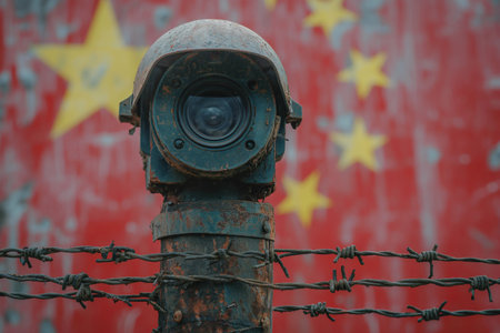 There is a CCTV camera and barbed wire in the background of the Chinese flag.の素材