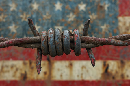 Barbed wire and United States of America flag. Immigration concept.の素材