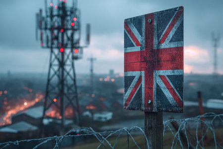 Background image of a barbed wire fence in front of the UK flag.の素材