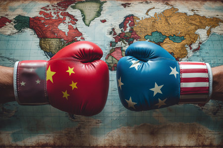 Two hands in boxing gloves with the flags of China and the USA against the background of a world map.の素材