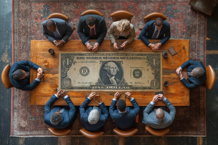 Top view of a wooden table with a picture of a dollar, at which businessmen are sitting. Teamworkの素材