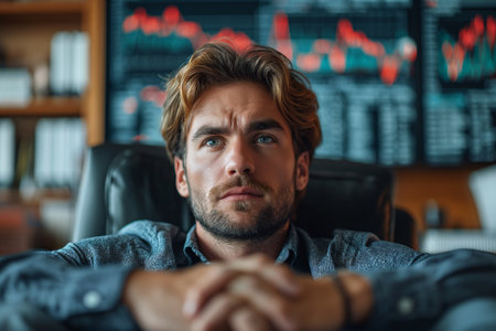 Caucasian businessman looks tense while sitting at his desk.の素材