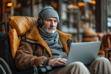 Disabled male businessman wearing headphones working at a laptop.の素材