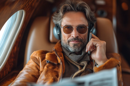 Businessman traveling on a private jet.の素材