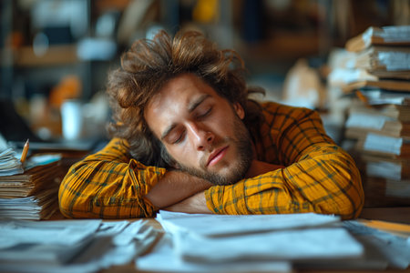 A tired manager is sleeping at his desk on documents.の素材