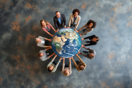 A group of business people holding a planet earth globe together. View from above.の素材