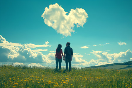 Asian couple enjoying the beautiful love shape clouds under blue skyの素材
