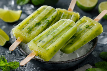 Bow of avocado lime ice lollies. Close-up.の素材