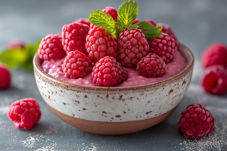 Chia pudding with raspberry topping on kitchen. Close-up.の素材