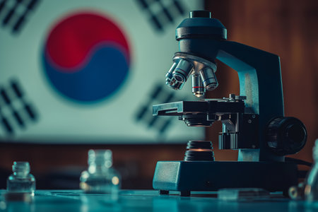 Microscope against the background of the South Korea flag.の素材