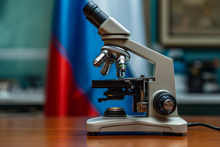 Microscope on the background of the Russia flag.の素材