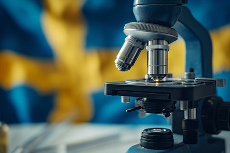Microscope on the background of the Sweden flag.の素材