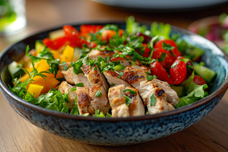 Bowl of vegetable salad with chicken meat. Close-up.の素材