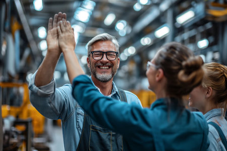 Happy businessman giving high-five to each other. Business team celebrating success.の素材