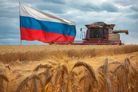 Combine harvester harvests crops against the background of the Russian flag.の素材