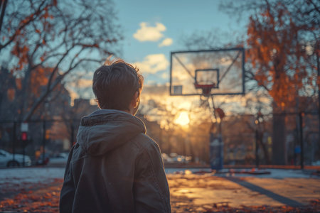 A boy stands with a basketball on a street basketball court. Sports and recreation.の素材