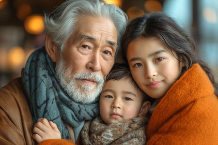 Caring grandfather hugs his grandchildren.の素材