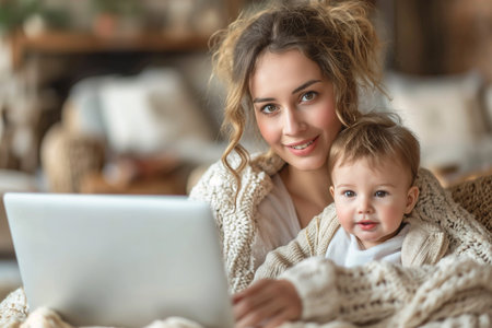 A cheerful mother is using a laptop, with her little son next to her.の素材