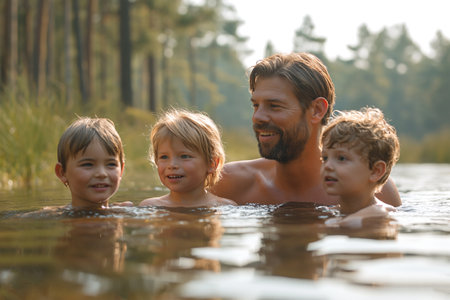 Cheerful dad and children swim in the lake.の素材