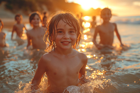 Cute children having fun in the sea on the beach in the rays of the setting sun.の素材