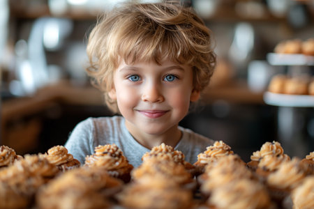 Portrait of a preschooler boy against the background of freshly baked muffins in the kitchen.の素材
