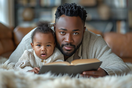 African American father reading a book to his little daughter while lying on his bed at home.の素材