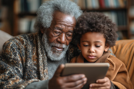 Grandfather and grandson are sitting on the sofa at home and looking at the screen of a digital tablet.の素材