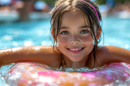 A smiling girl with an inflatable ring plays in the pool.の素材